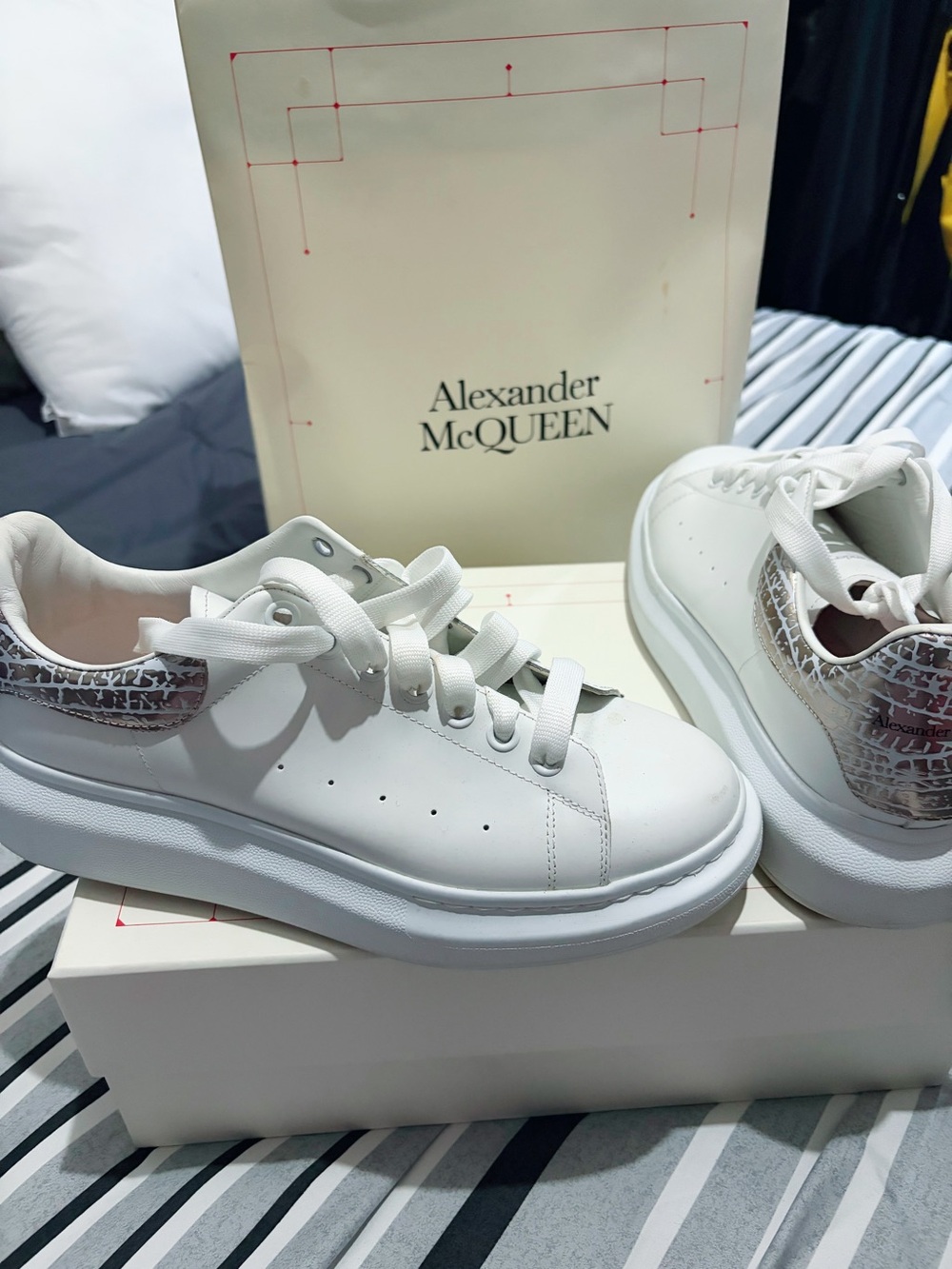 Alexander McQUEEN White Leather Platform Sneakers with silver Croc Heel